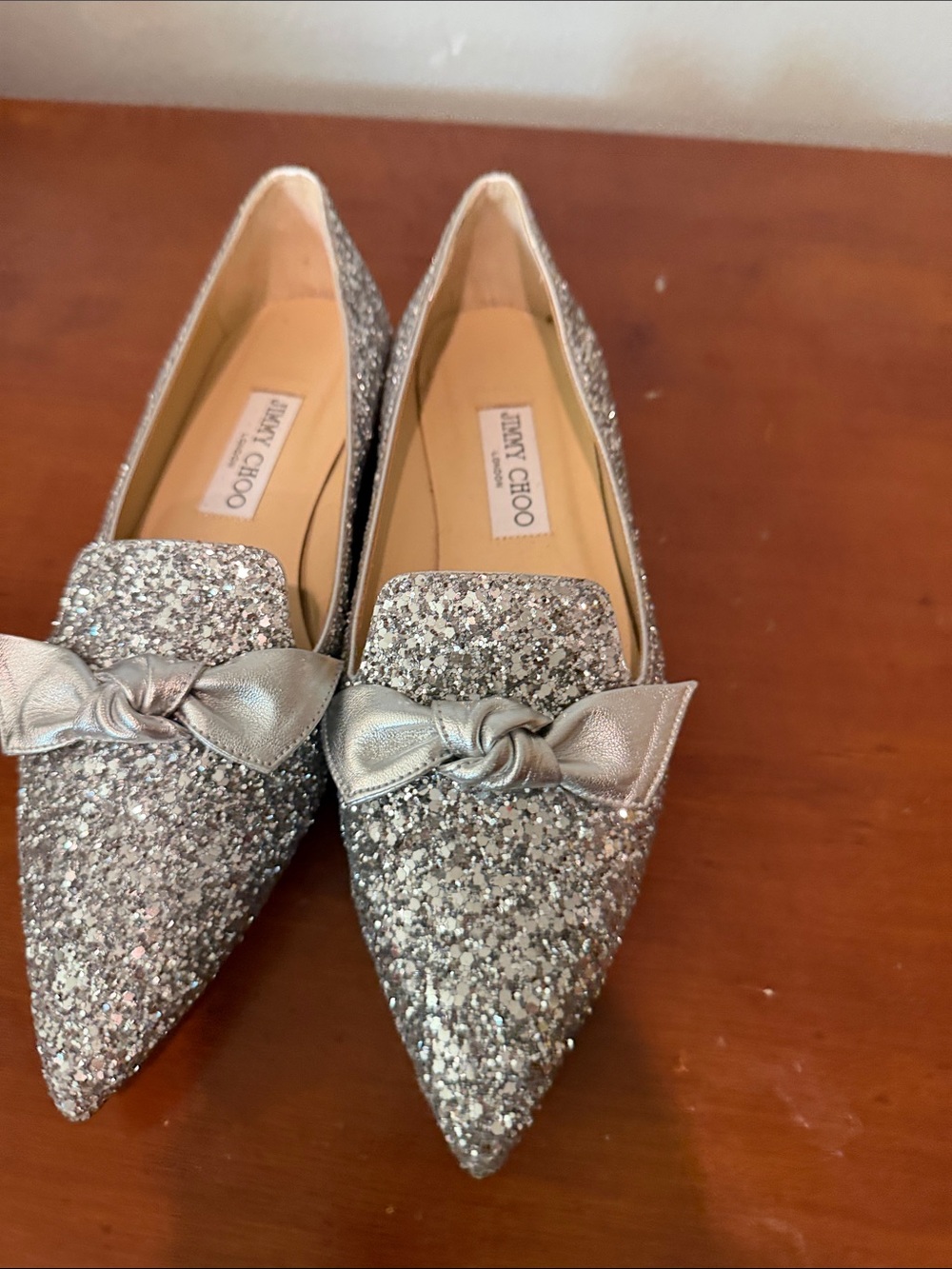 Jimmy Choo Silver Glitter Pointed Flats with Knotted Bow authentic all items